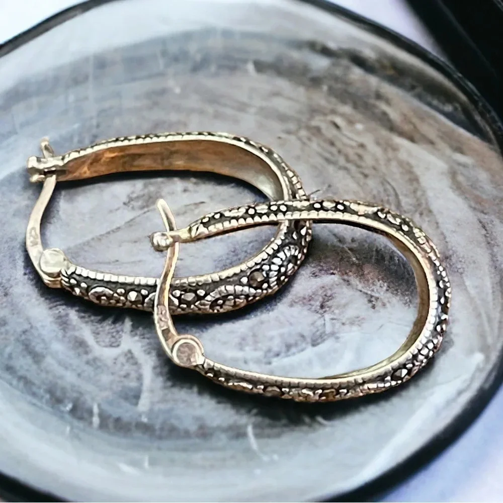 Designer Marcasite Sterling Silver Hoop Earrings